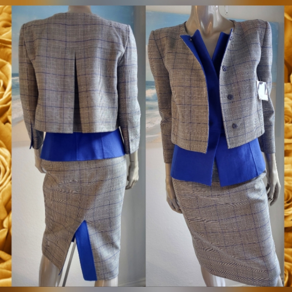 ●$3,280 NWT OSCAR DE LA RENTA WOOL GREY BLUE CHECK SKIRT SUIT S